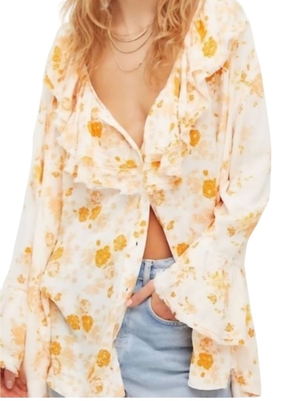 Free People Loretta Tunic Top Tea Combo Ruffled Bell Sleeve Oversized Size S